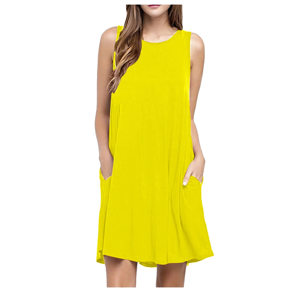 Up to 65 Off! Women'S Casual Summer Sleeveless Dresses Loose Fit Swing Tank Dress plus Size Beach Sundress with Pockets (Yellow)