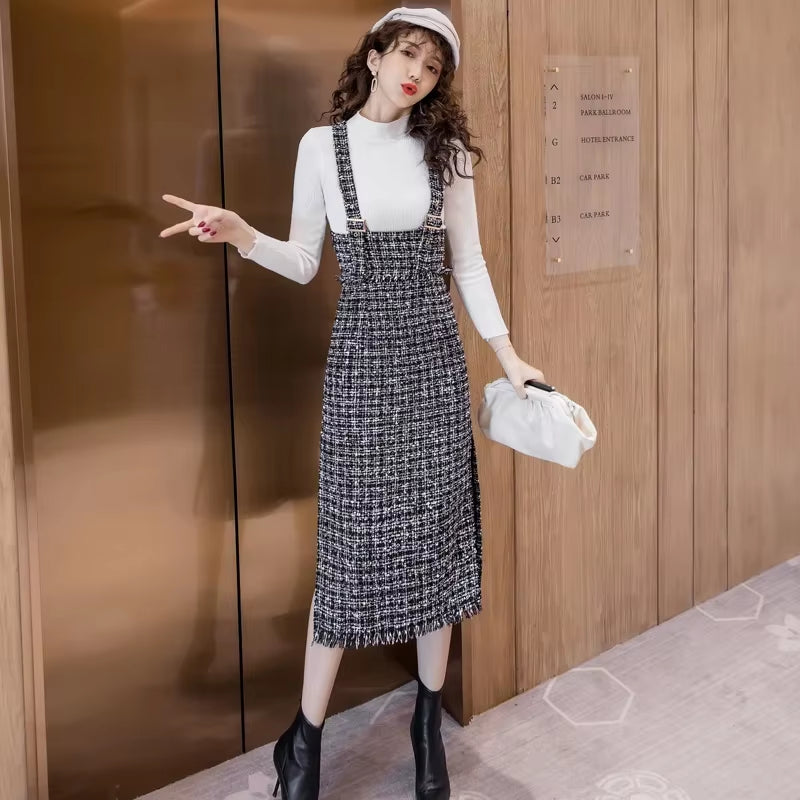 Autumn Woman Sweater Dress Suit Female Casual Knitted 2Pcs Set High-Neck Slim Sweater + Strap Woolen Cloth Dress Suit Set Women