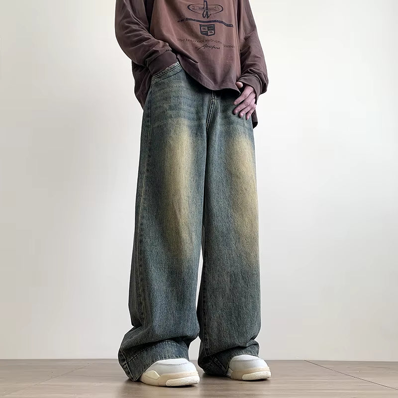 Distressed Vintage Blue Jeans Pants Men Wide-Leg Denim Trousers Male Oversize Streetwear Fashion Casual Baggy Straight Jeans