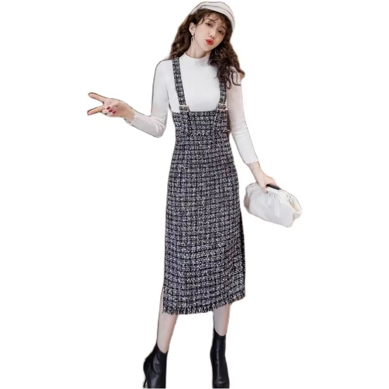 Autumn Woman Sweater Dress Suit Female Casual Knitted 2Pcs Set High-Neck Slim Sweater + Strap Woolen Cloth Dress Suit Set Women