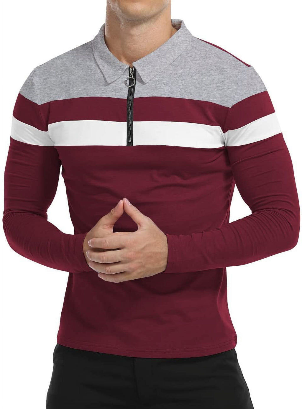 Stylish Men's Long Sleeve Polo Shirt - Slim Fit Contrast Color Cotton Tops
