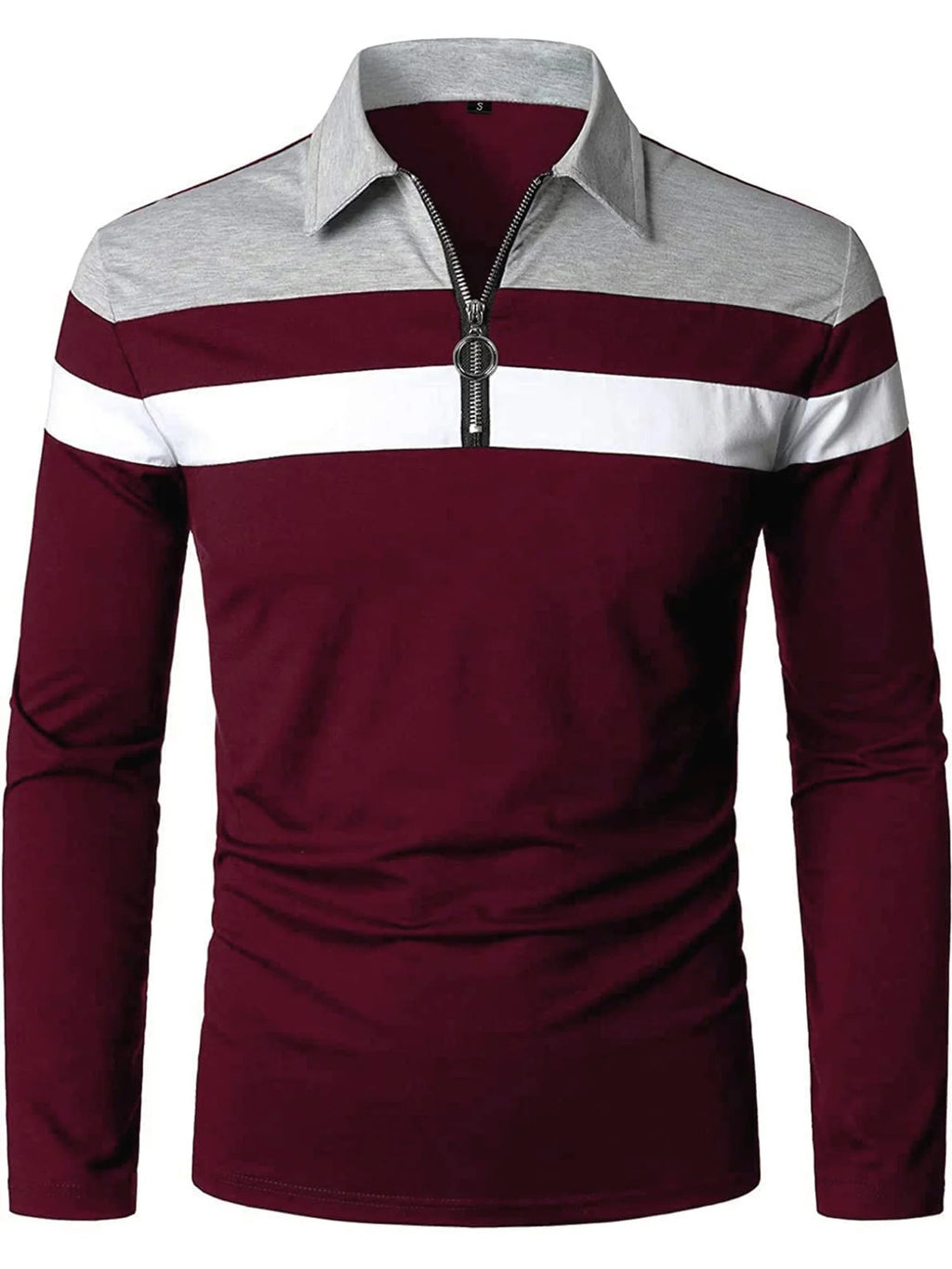 Stylish Men's Long Sleeve Polo Shirt - Slim Fit Contrast Color Cotton Tops