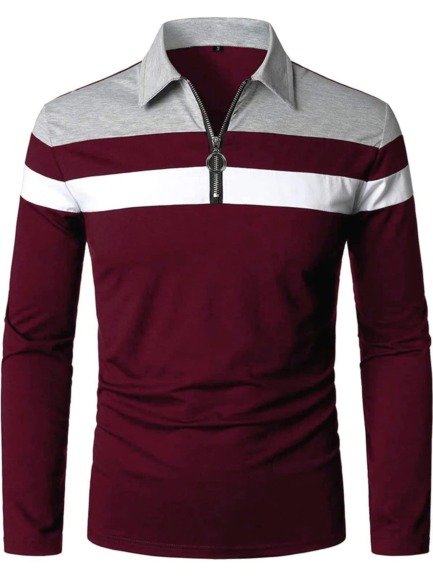 Stylish Men's Long Sleeve Polo Shirt - Slim Fit Contrast Color Cotton Tops