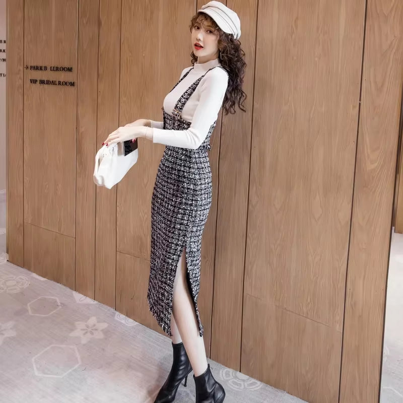 Autumn Woman Sweater Dress Suit Female Casual Knitted 2Pcs Set High-Neck Slim Sweater + Strap Woolen Cloth Dress Suit Set Women
