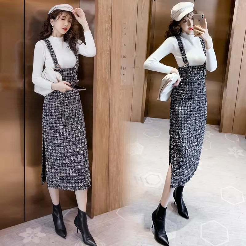 Autumn Woman Sweater Dress Suit Female Casual Knitted 2Pcs Set High-Neck Slim Sweater + Strap Woolen Cloth Dress Suit Set Women