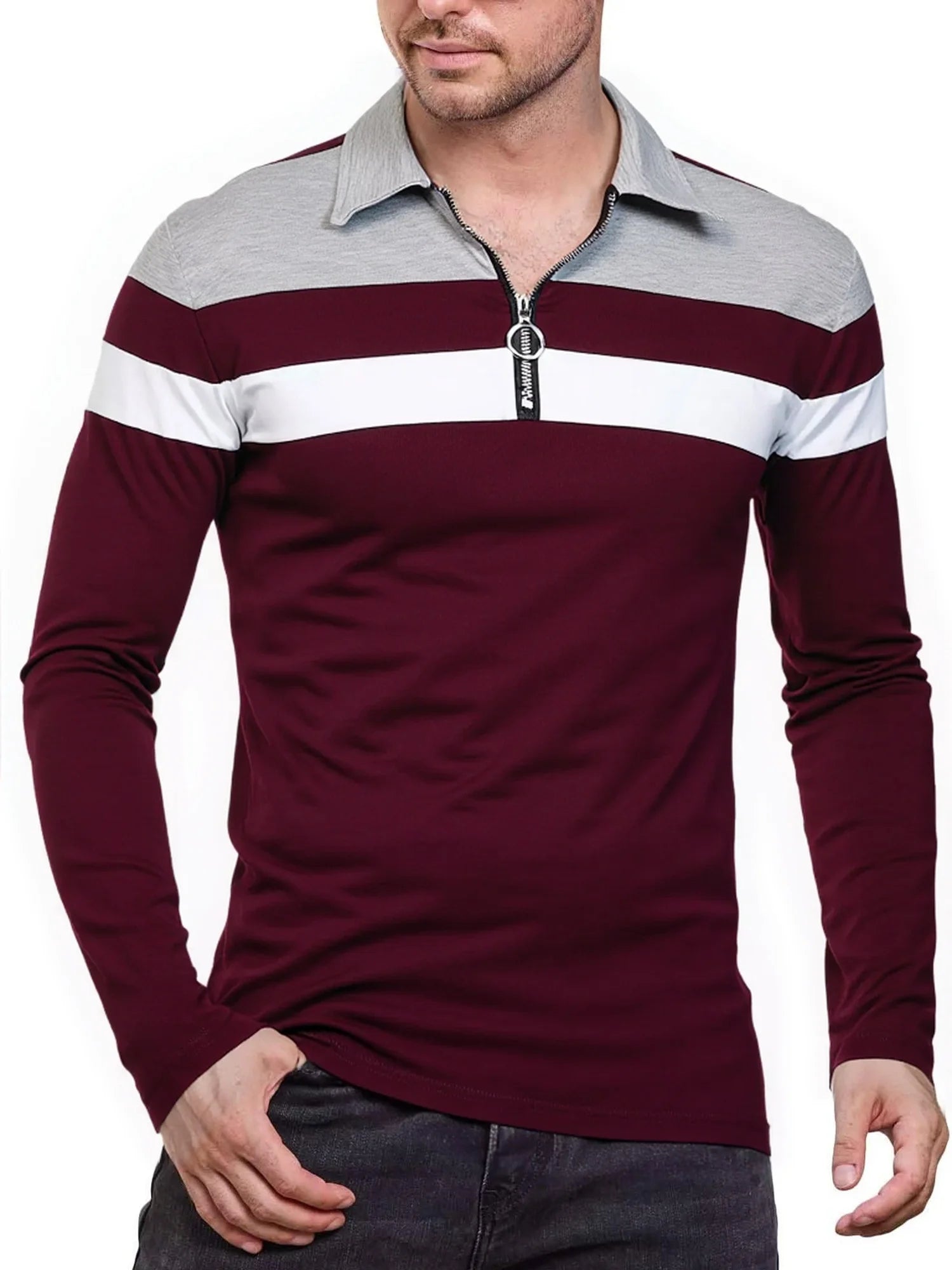 Stylish Men's Long Sleeve Polo Shirt - Slim Fit Contrast Color Cotton Tops