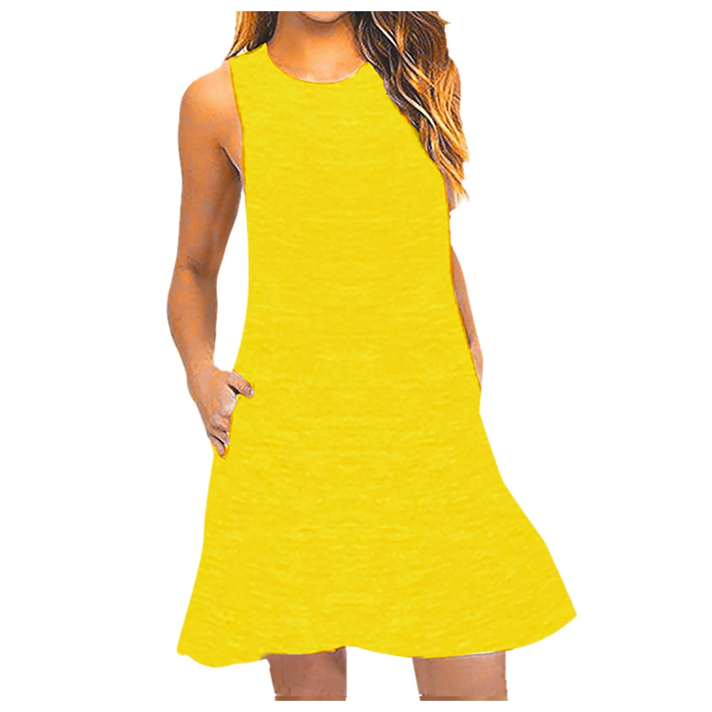 Up to 65 Off! Women'S Casual Summer Sleeveless Dresses Loose Fit Swing Tank Dress plus Size Beach Sundress with Pockets (Yellow)