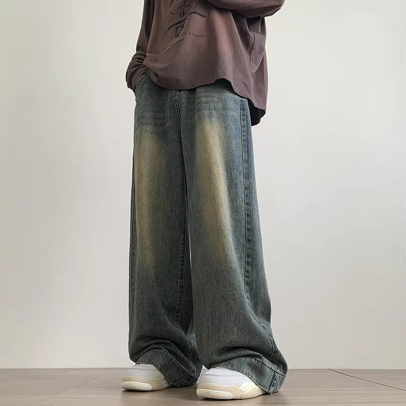 Distressed Vintage Blue Jeans Pants Men Wide-Leg Denim Trousers Male Oversize Streetwear Fashion Casual Baggy Straight Jeans