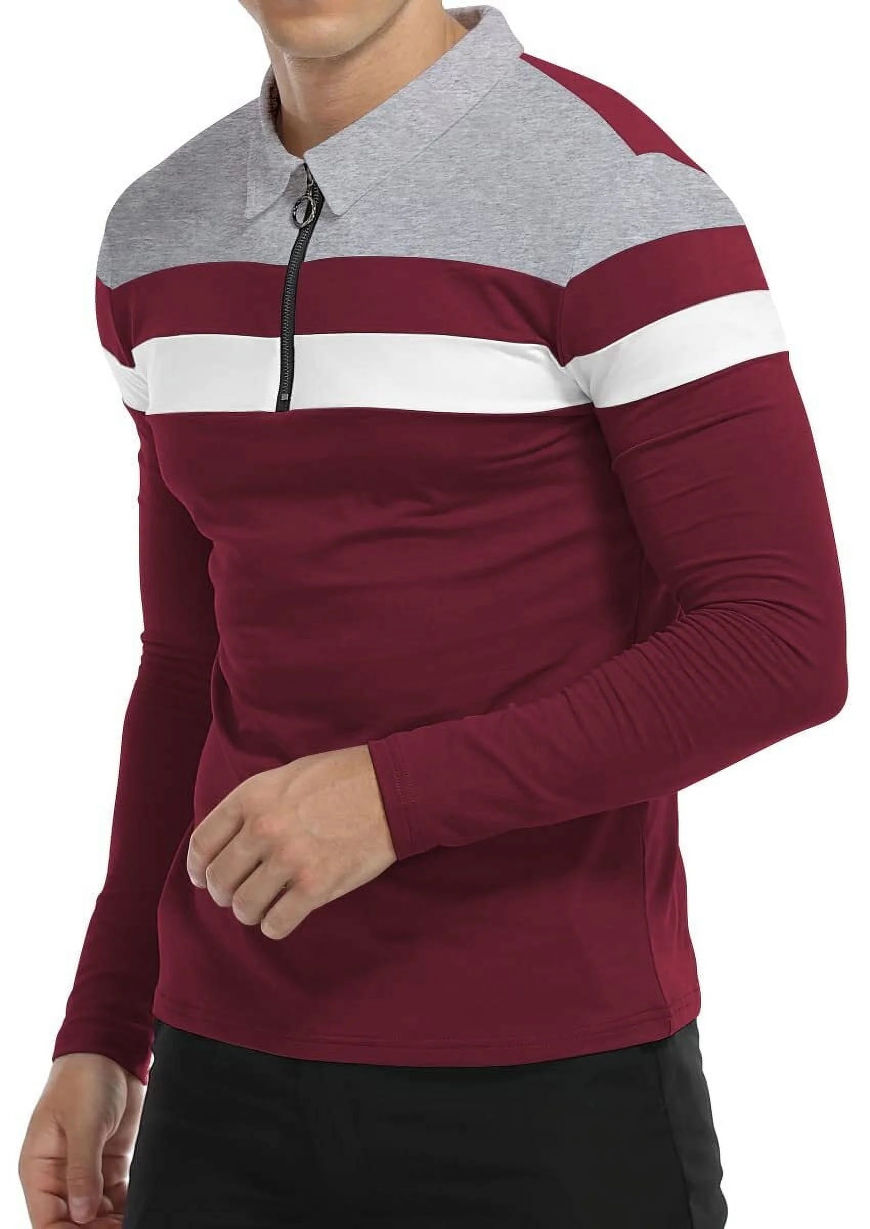 Stylish Men's Long Sleeve Polo Shirt - Slim Fit Contrast Color Cotton Tops
